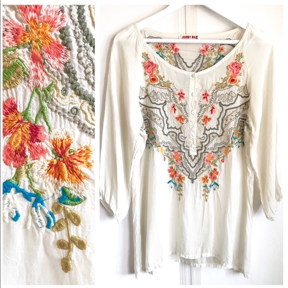 Johnny Was Tops - JOHNNY WAS Embroidered Semi Sheer Blouse